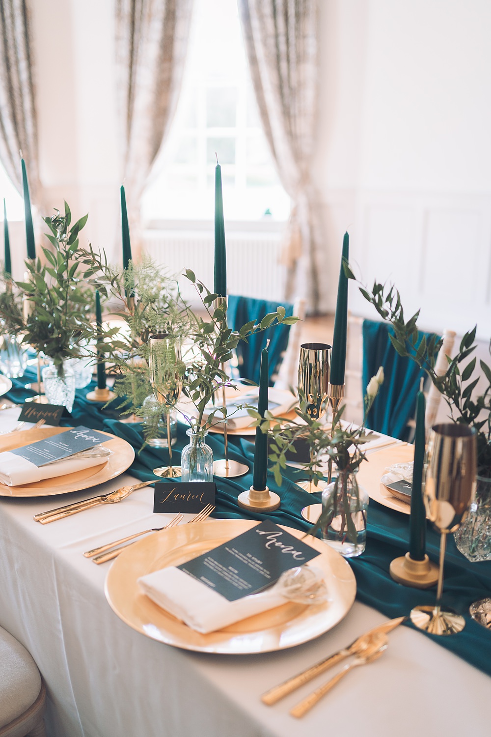Bourton Hall Wedding Ellie Mac Photography Green Teal Gold Table Decor Candles Runner Greenery