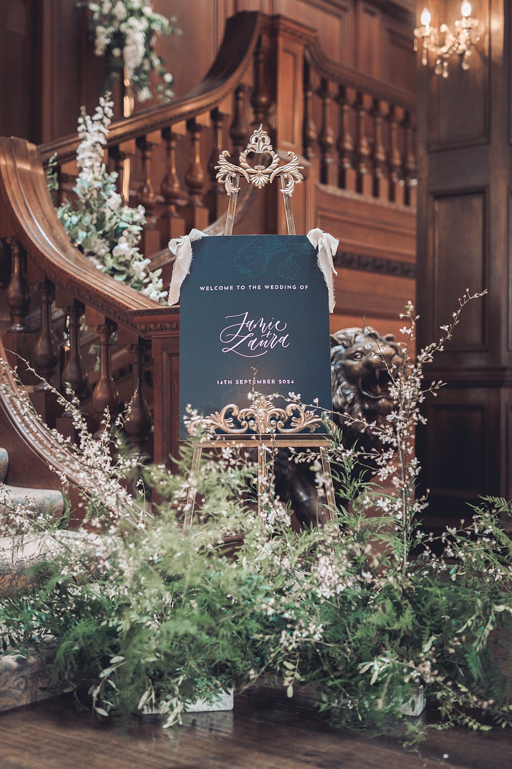 Bourton Hall Wedding Ellie Mac Photography Teal Blue Welcome Sign Greenery Flowers