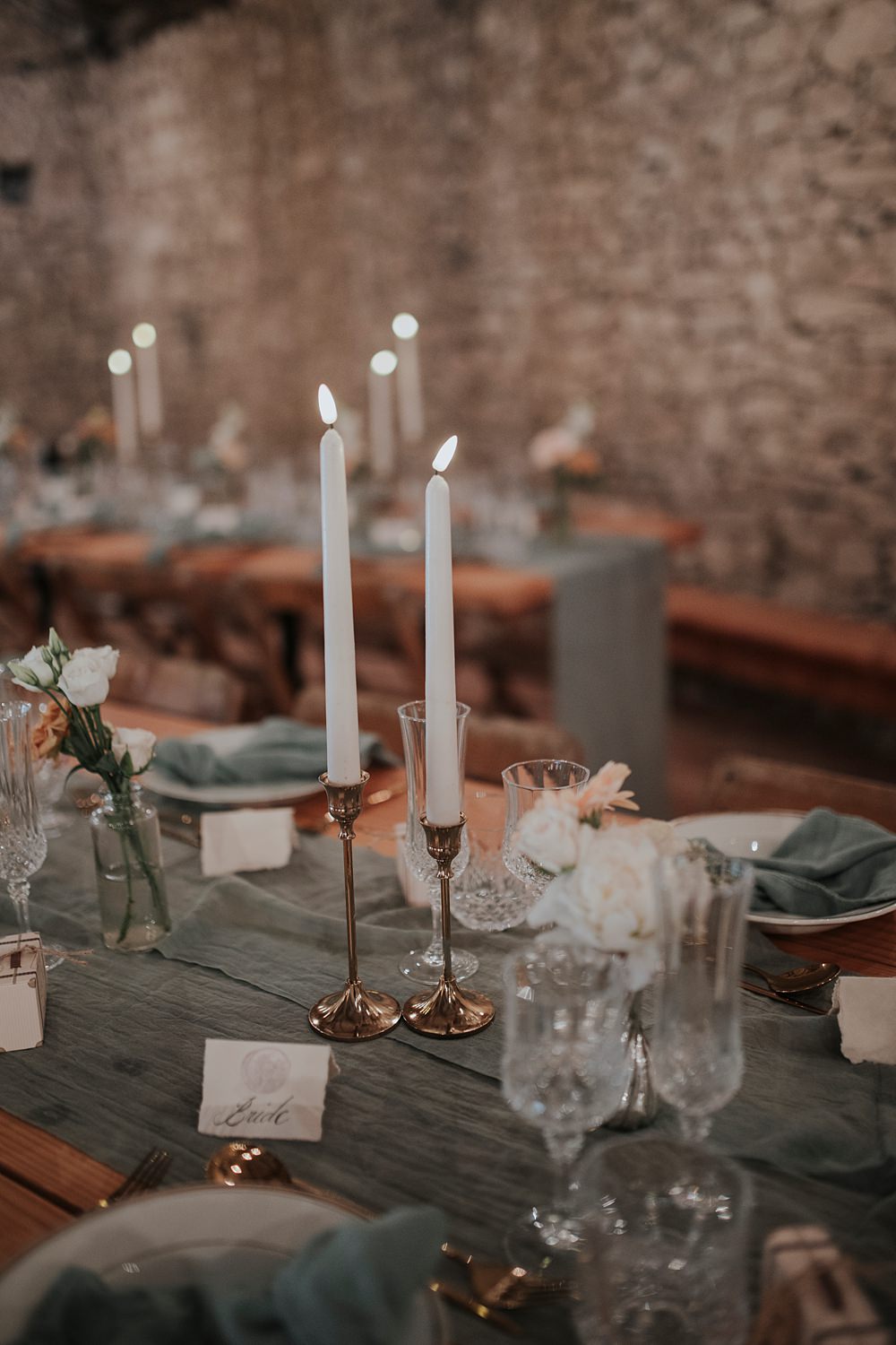 Chateau Barayre Wedding Grace Pham Photography Dusty Blue Table Runner Napkins Tall Candles Flowers Decor