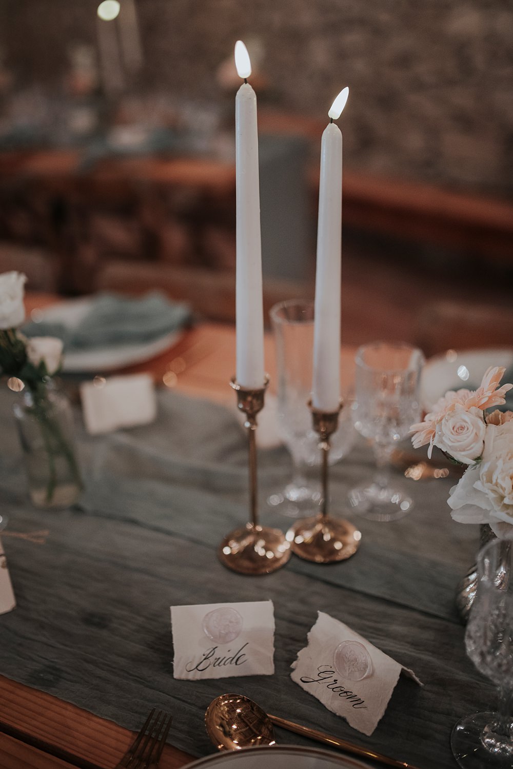 Chateau Barayre Wedding Grace Pham Photography Dusty Blue Table Runner Napkins Tall Candles Flowers Decor