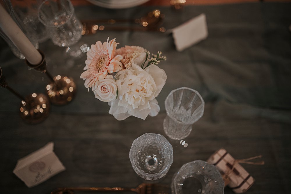 Chateau Barayre Wedding Grace Pham Photography Dusty Blue Table Runner Napkins Tall Candles Flowers Decor
