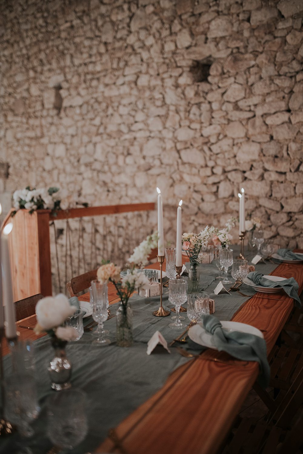 Chateau Barayre Wedding Grace Pham Photography Dusty Blue Table Runner Napkins Tall Candles Flowers Decor