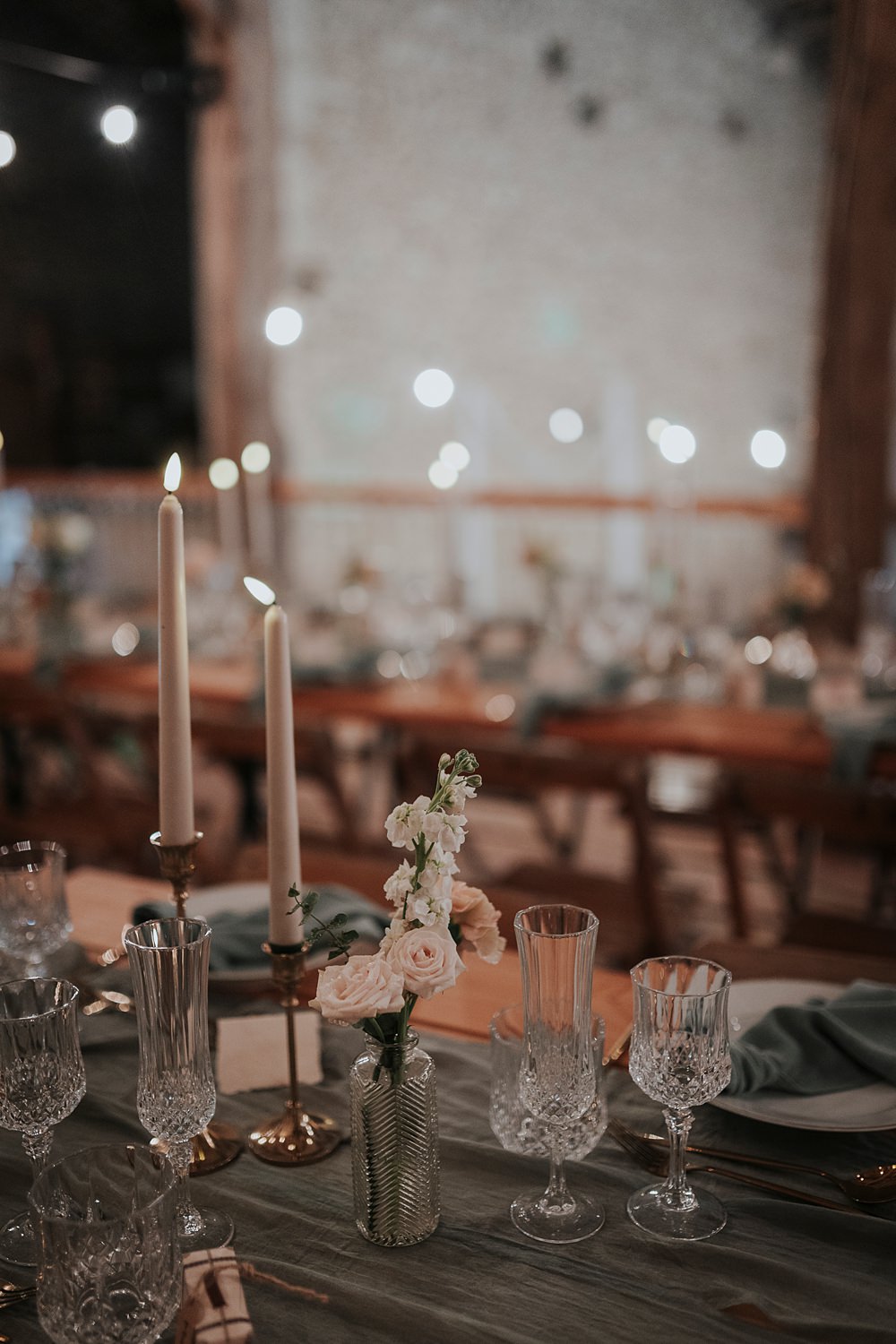 Chateau Barayre Wedding Grace Pham Photography Dusty Blue Table Runner Napkins Tall Candles Flowers Decor