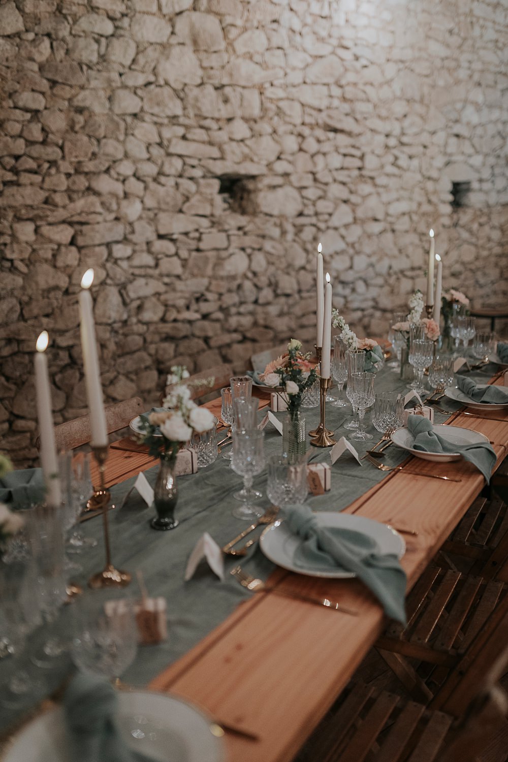 Chateau Barayre Wedding Grace Pham Photography Dusty Blue Table Runner Napkins Tall Candles Flowers Decor
