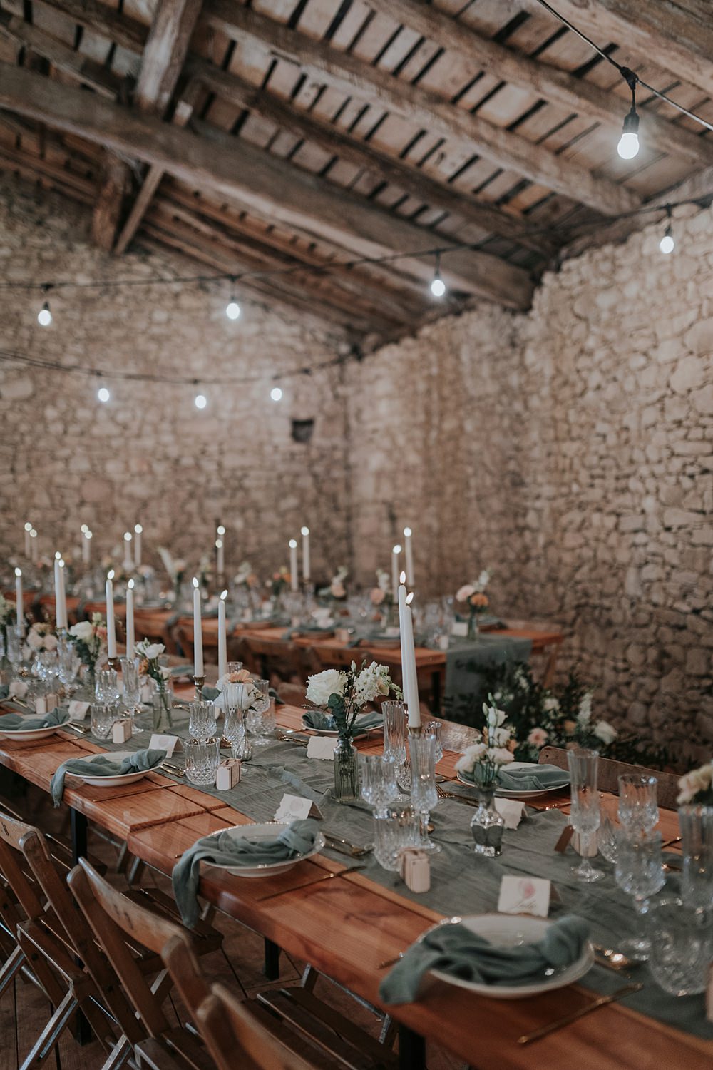 Chateau Barayre Wedding Grace Pham Photography Dusty Blue Table Runner Napkins Tall Candles Flowers Decor Barn