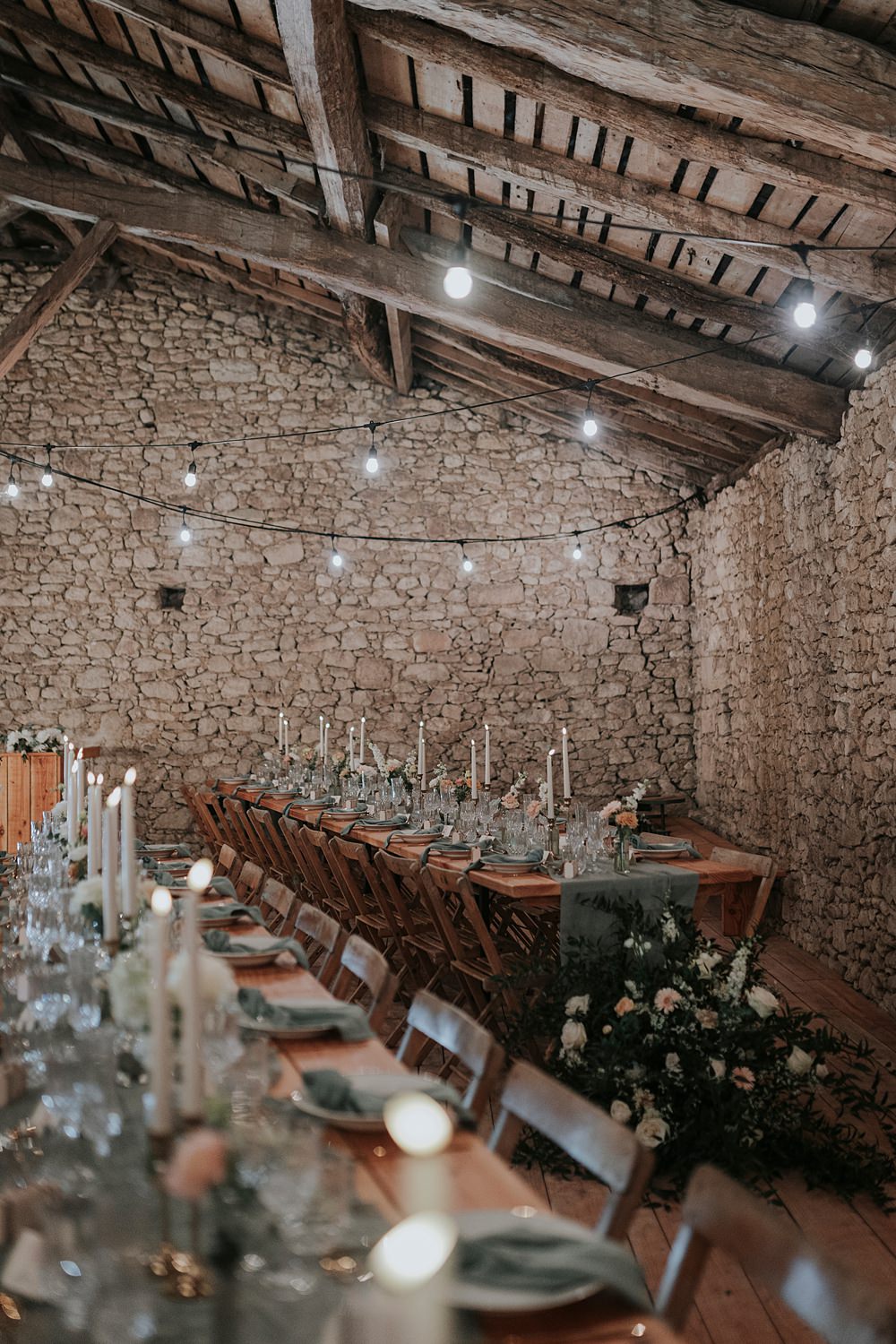 Chateau Barayre Wedding Grace Pham Photography Dusty Blue Table Runner Napkins Tall Candles Flowers Decor Barn