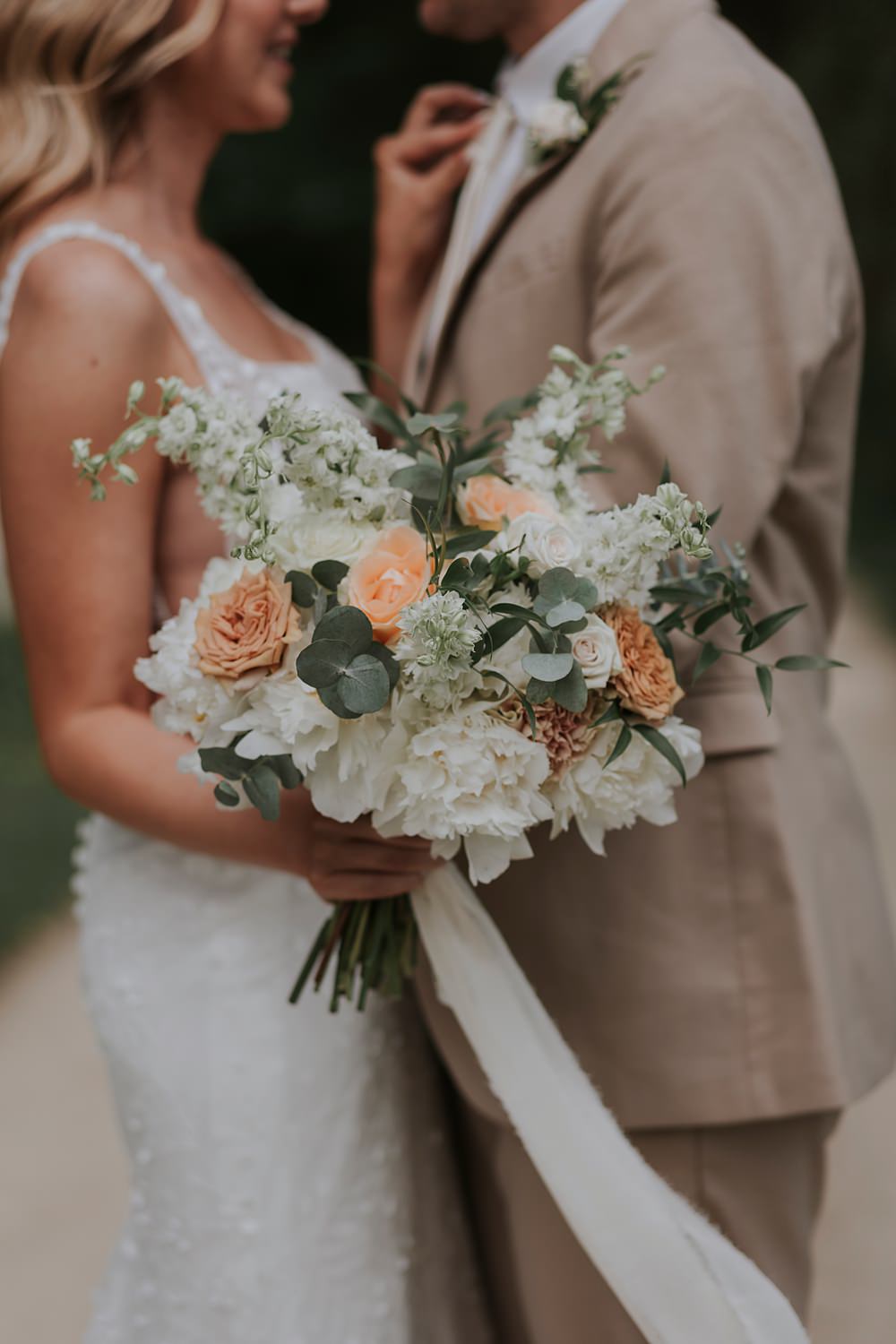 Chateau Barayre Wedding Grace Pham Photography Bouquet Bridal Ribbon Rose Peony Cream Orange