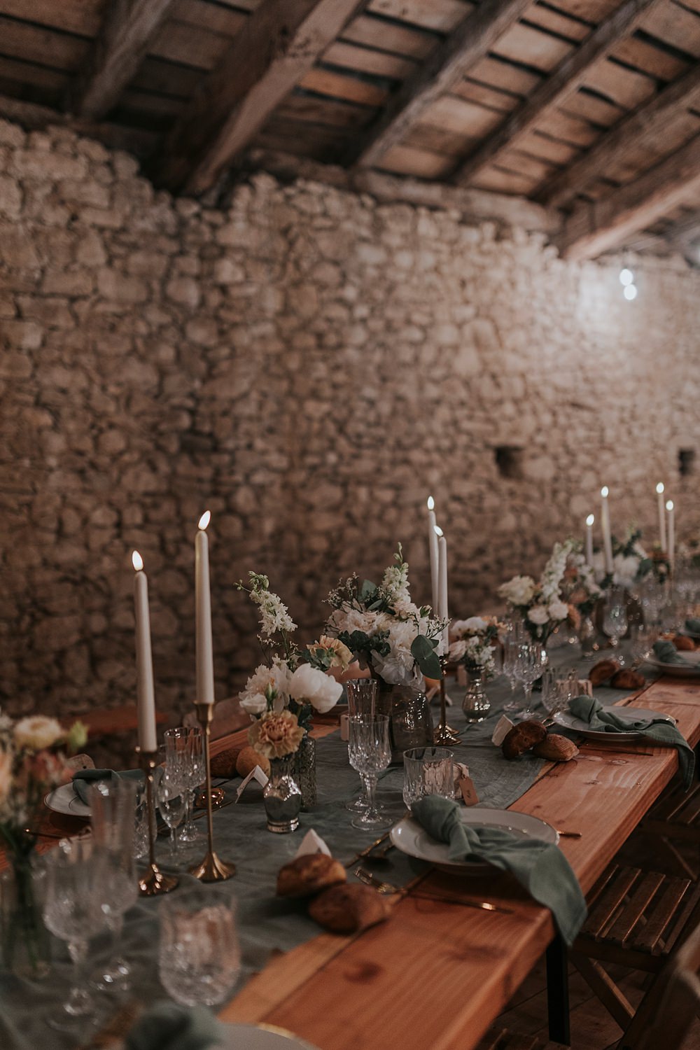 Chateau Barayre Wedding Grace Pham Photography Dusty Blue Table Runner Napkins Tall Candles Flowers Decor