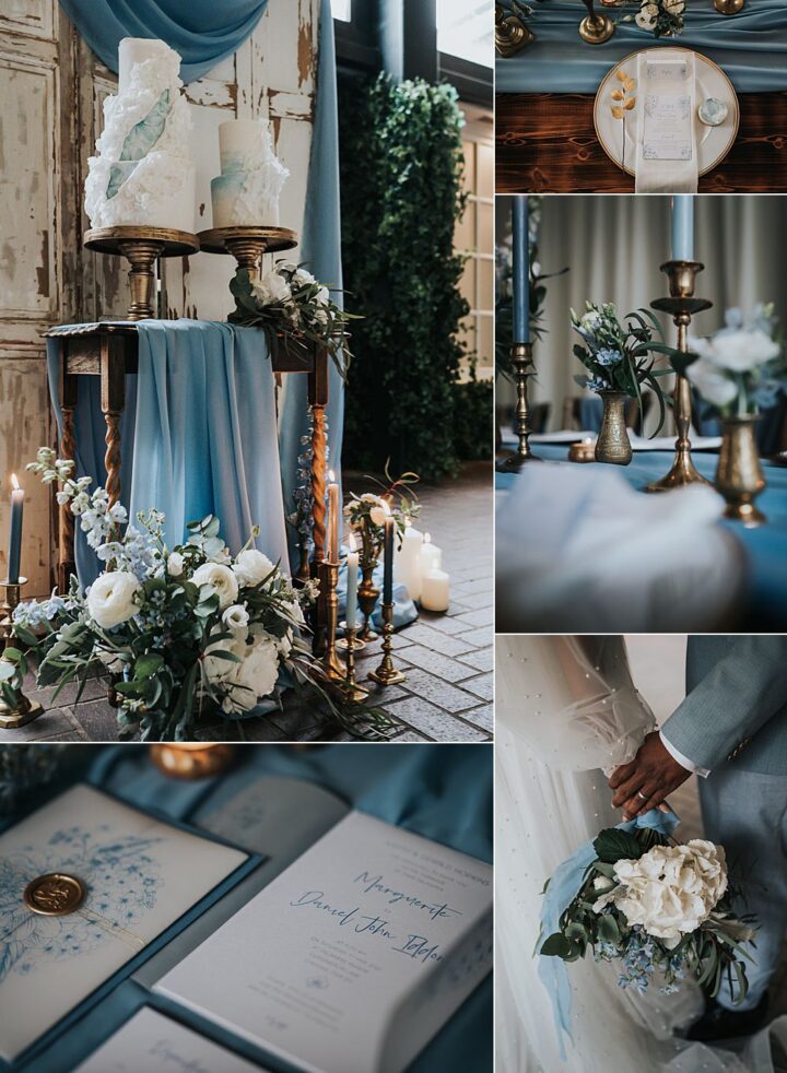 Dusty Blue White Brass Spring Wedding Theme SJP Photography