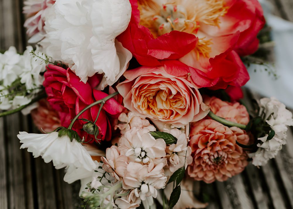 Wedding Ceremony At Home Gina Fernandes Photography Bouquet Flowers Coral Rose Peony White