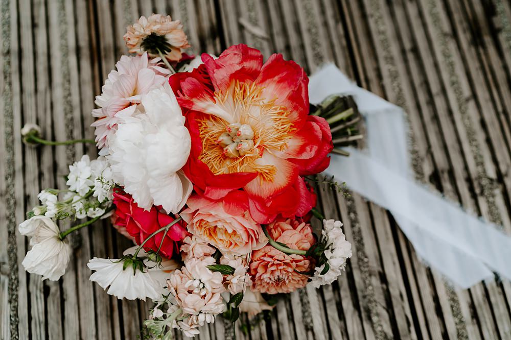 Wedding Ceremony At Home Gina Fernandes Photography Bouquet Flowers Coral Rose Peony White