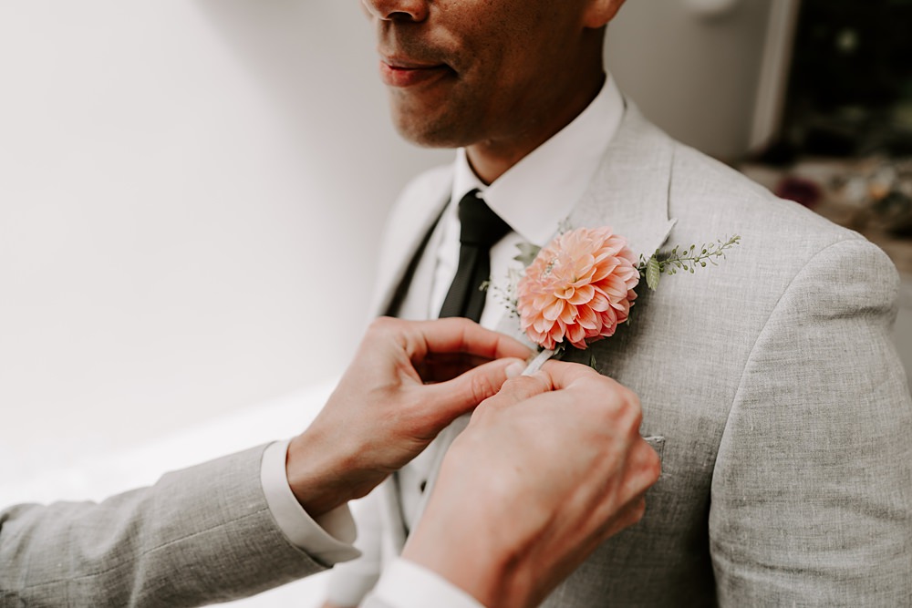 Wedding Ceremony At Home Gina Fernandes Photography Buttonhole Flowers Coral Dahlia