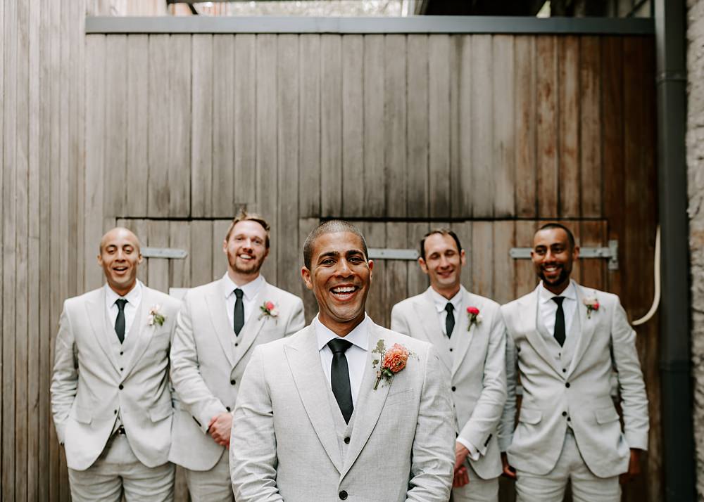 Wedding Ceremony At Home Gina Fernandes Photography Groom Groomsmen Pale Grey Suit Black Tie