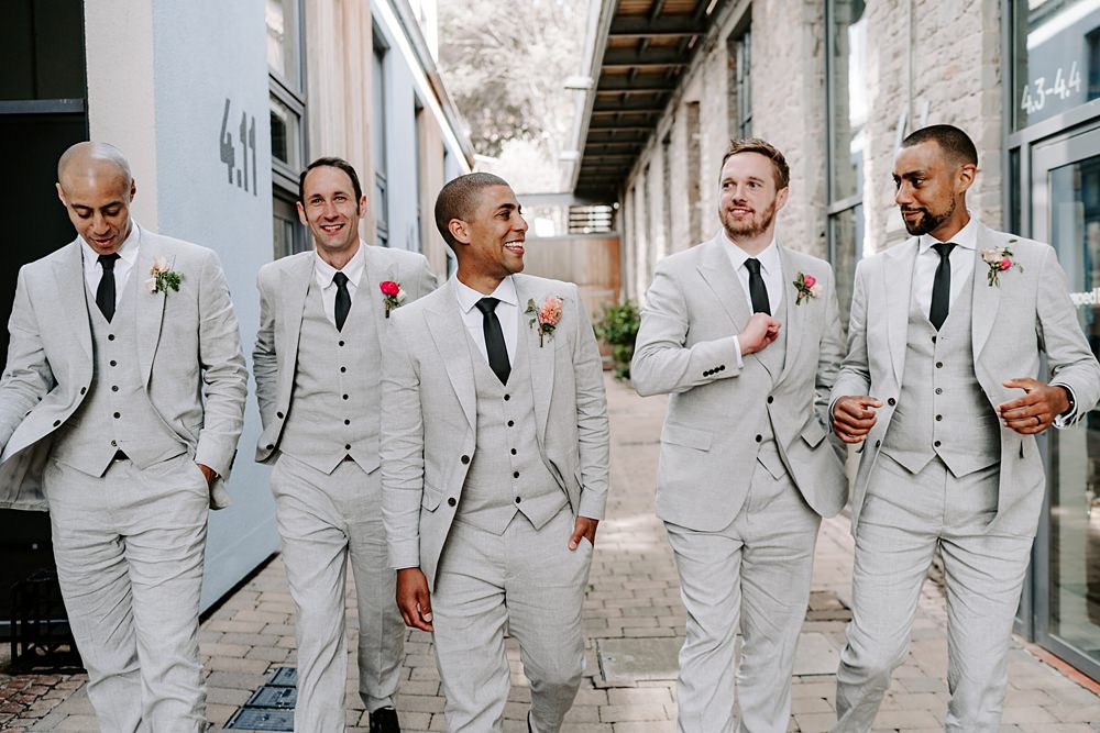 Wedding Ceremony At Home Gina Fernandes Photography Groom Groomsmen Pale Grey Suit Black Tie
