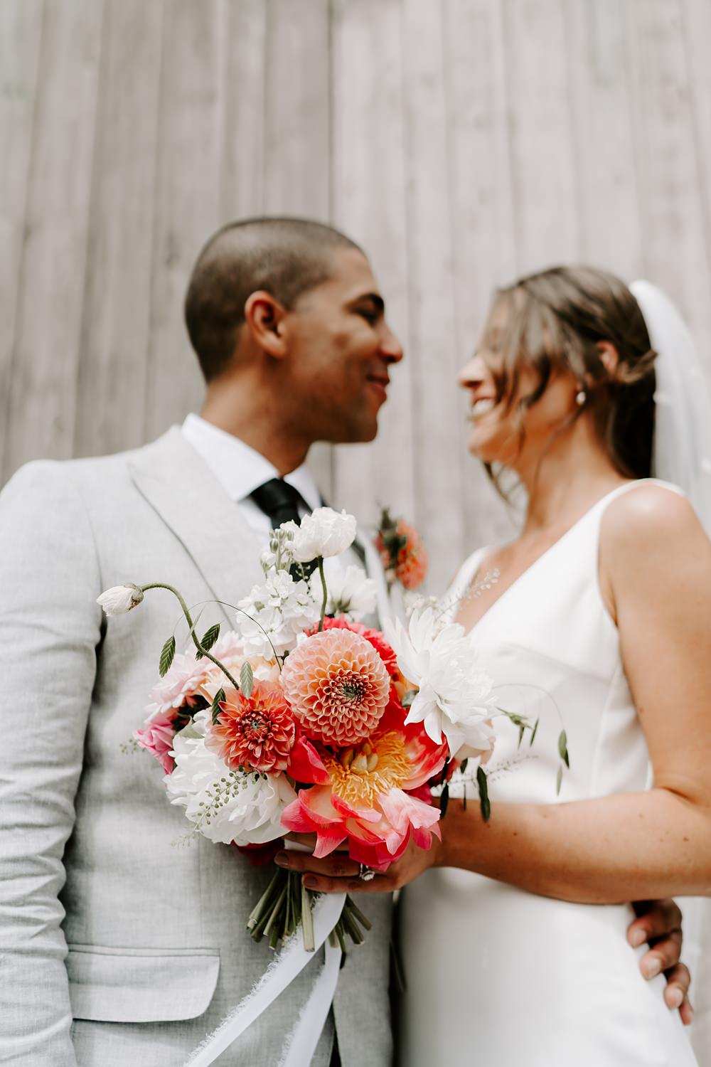 Wedding Ceremony At Home Gina Fernandes Photography Coral Rose Dahlia Bridal Bouquet