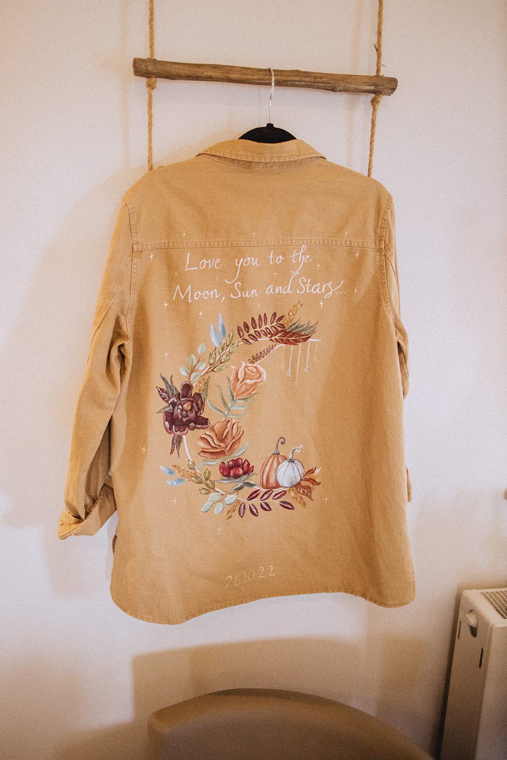 Conwy Barn Wedding Fox and Bear Photography Custom Painted Jacket Bride Yellow