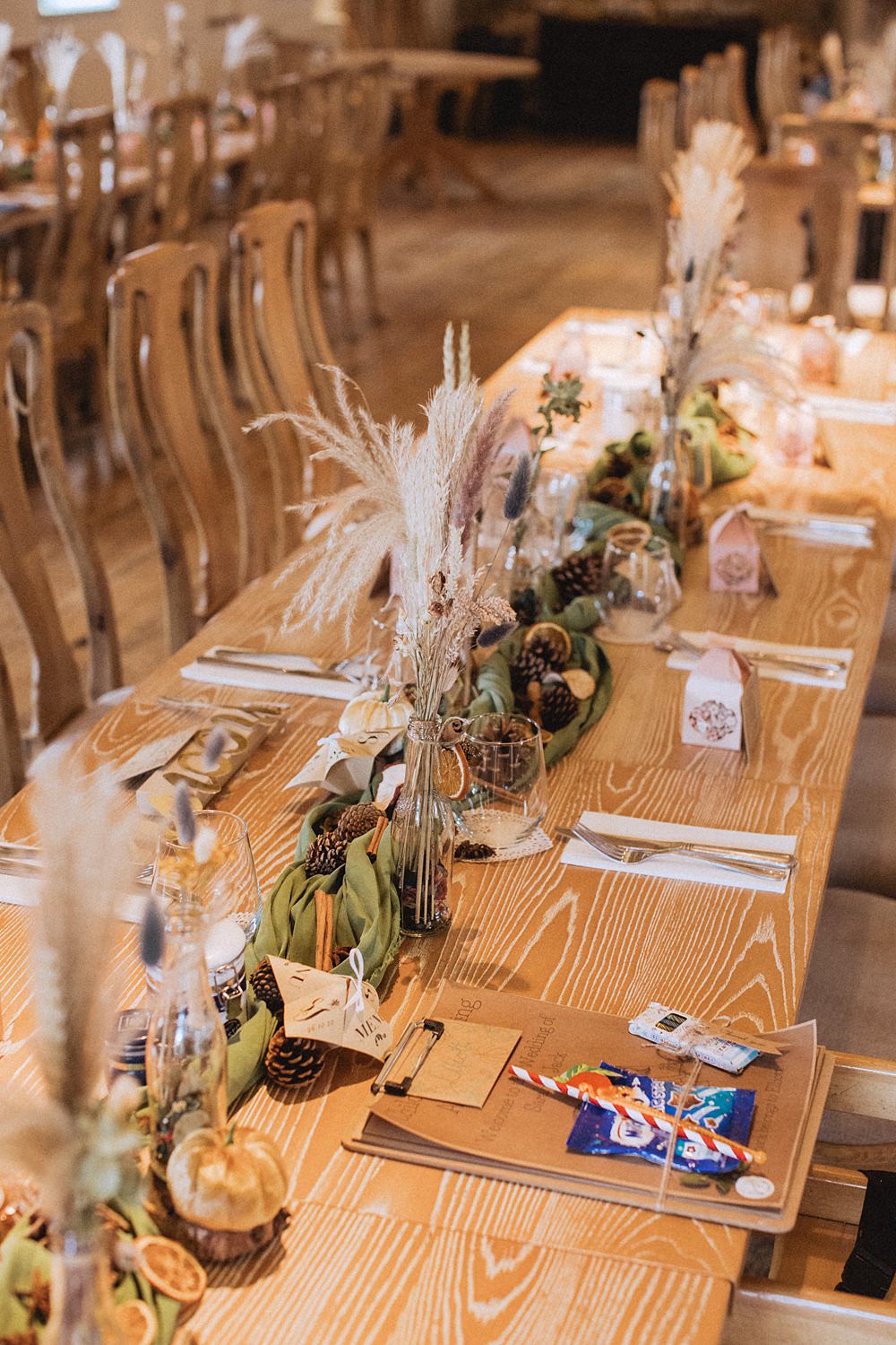 Conwy Barn Wedding Fox and Bear Photography Table Decor Green Runner Pine Cones Pumpkins Autumn