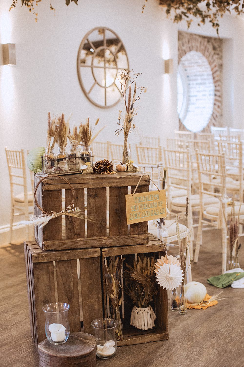 Conwy Barn Wedding Fox and Bear Photography Wooden Crates Dried Flowers Ceremony Decor