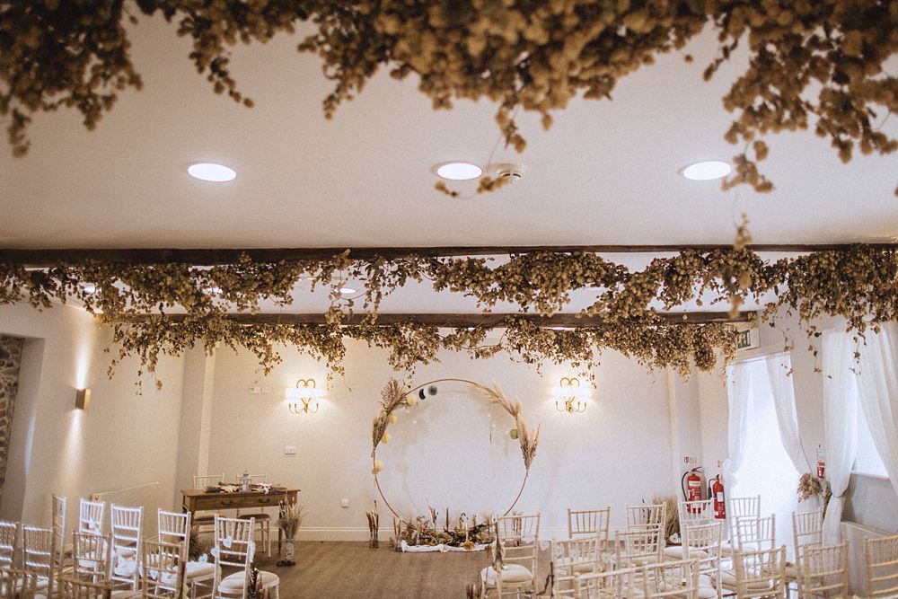 Conwy Barn Wedding Fox and Bear Photography Hoop Moon Gate Arch Dried Flowers Backdrop