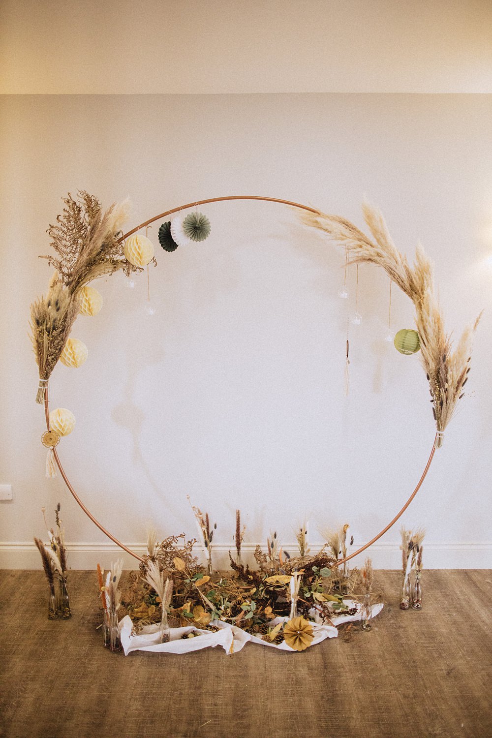 Conwy Barn Wedding Fox and Bear Photography Hoop Moon Gate Arch Dried Flowers Backdrop