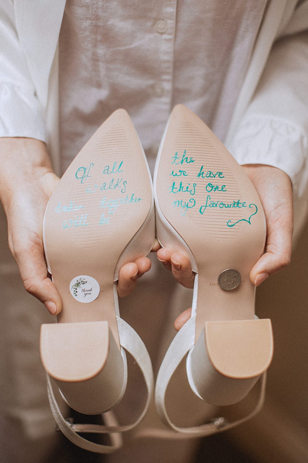 Conwy Barn Wedding Fox and Bear Photography Bride Shoes Sole Message Sixpence