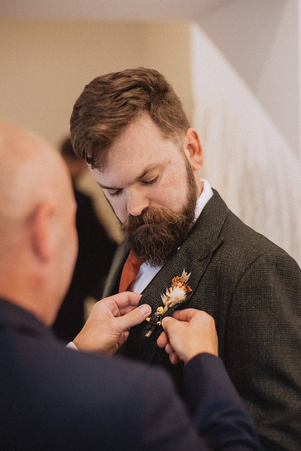 Conwy Barn Wedding Fox and Bear Photography Groom Buttonhole Flowers Dried
