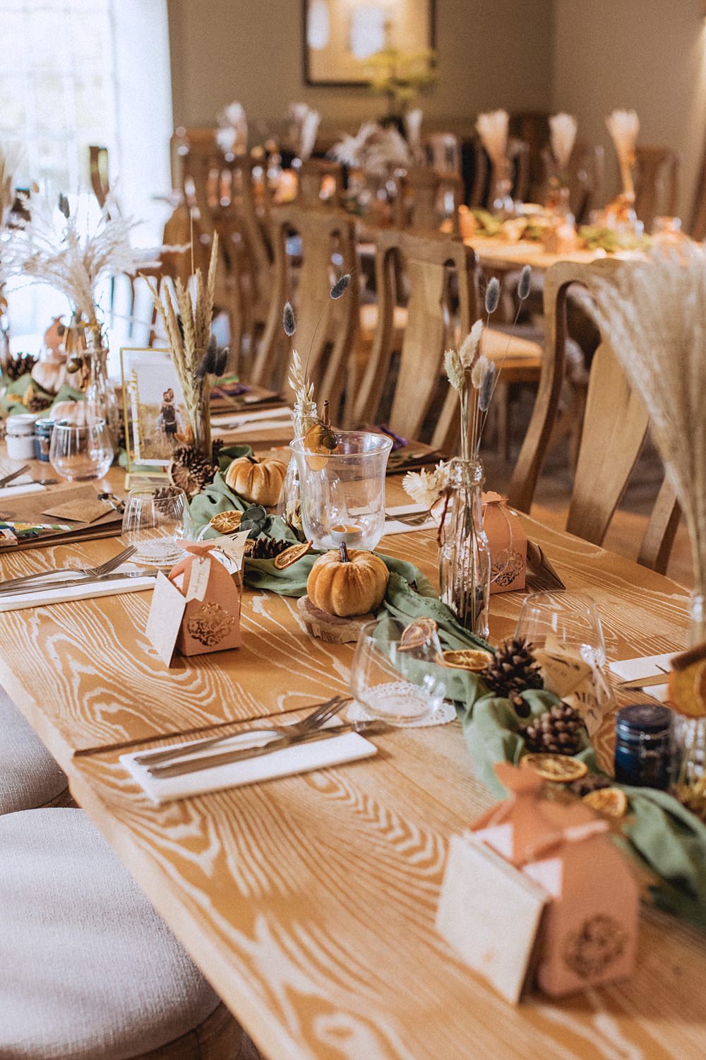 Conwy Barn Wedding Fox and Bear Photography Table Decor Green Runner Pine Cones Pumpkins Autumn Pampas Grass