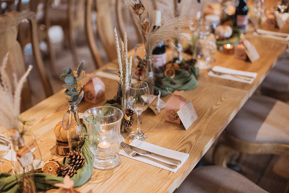 Conwy Barn Wedding Fox and Bear Photography Table Decor Green Runner Pine Cones Pumpkins Autumn