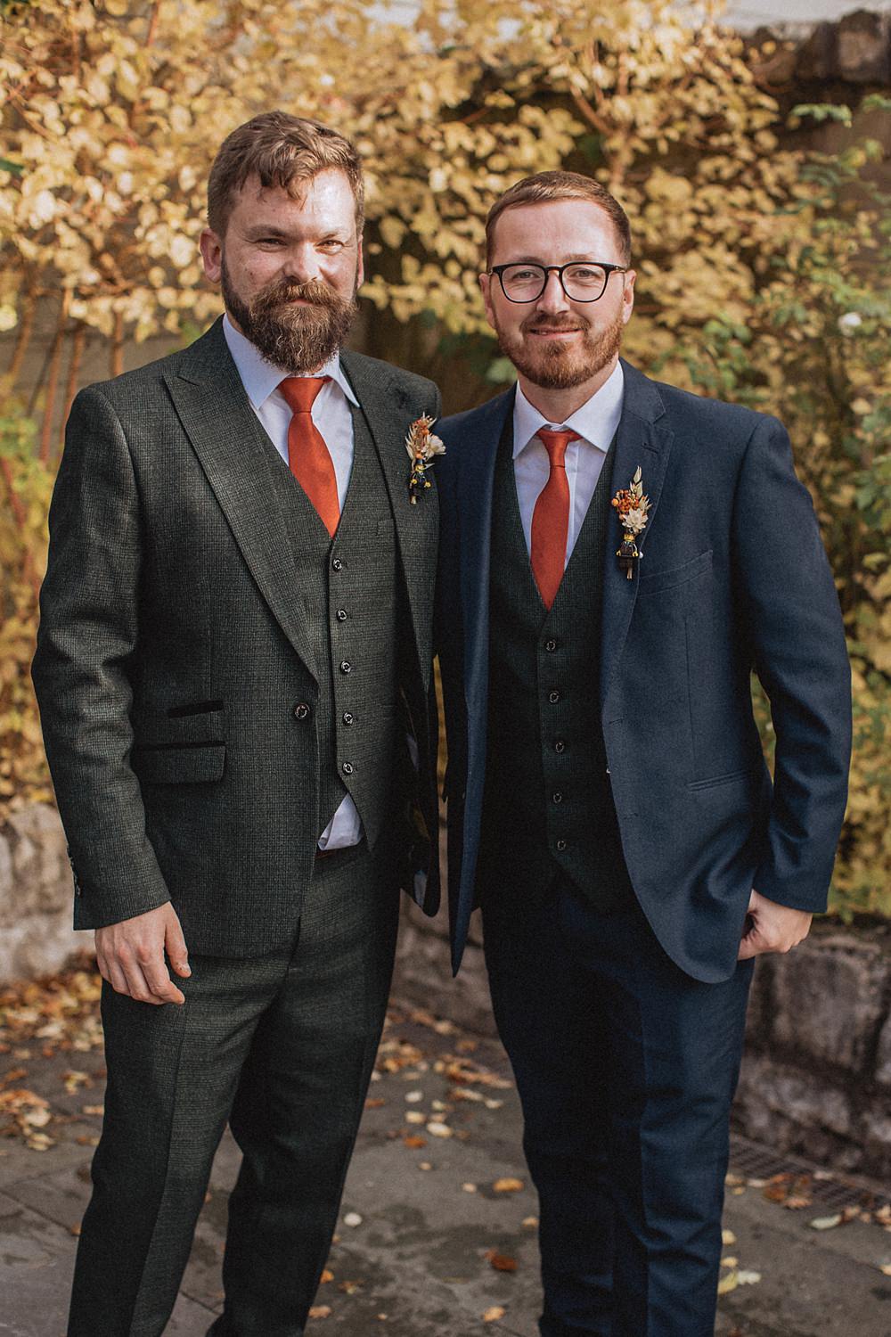 Conwy Barn Wedding Fox and Bear Photography Groom Suit Orange Tie Groomsmen