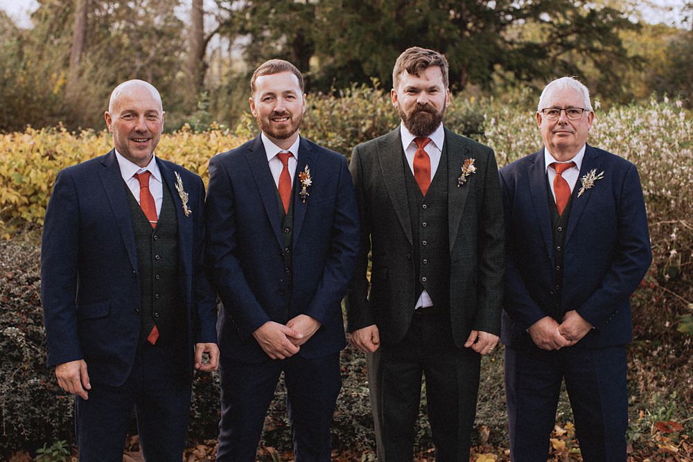 Conwy Barn Wedding Fox and Bear Photography Groom Suit Orange Tie Groomsmen