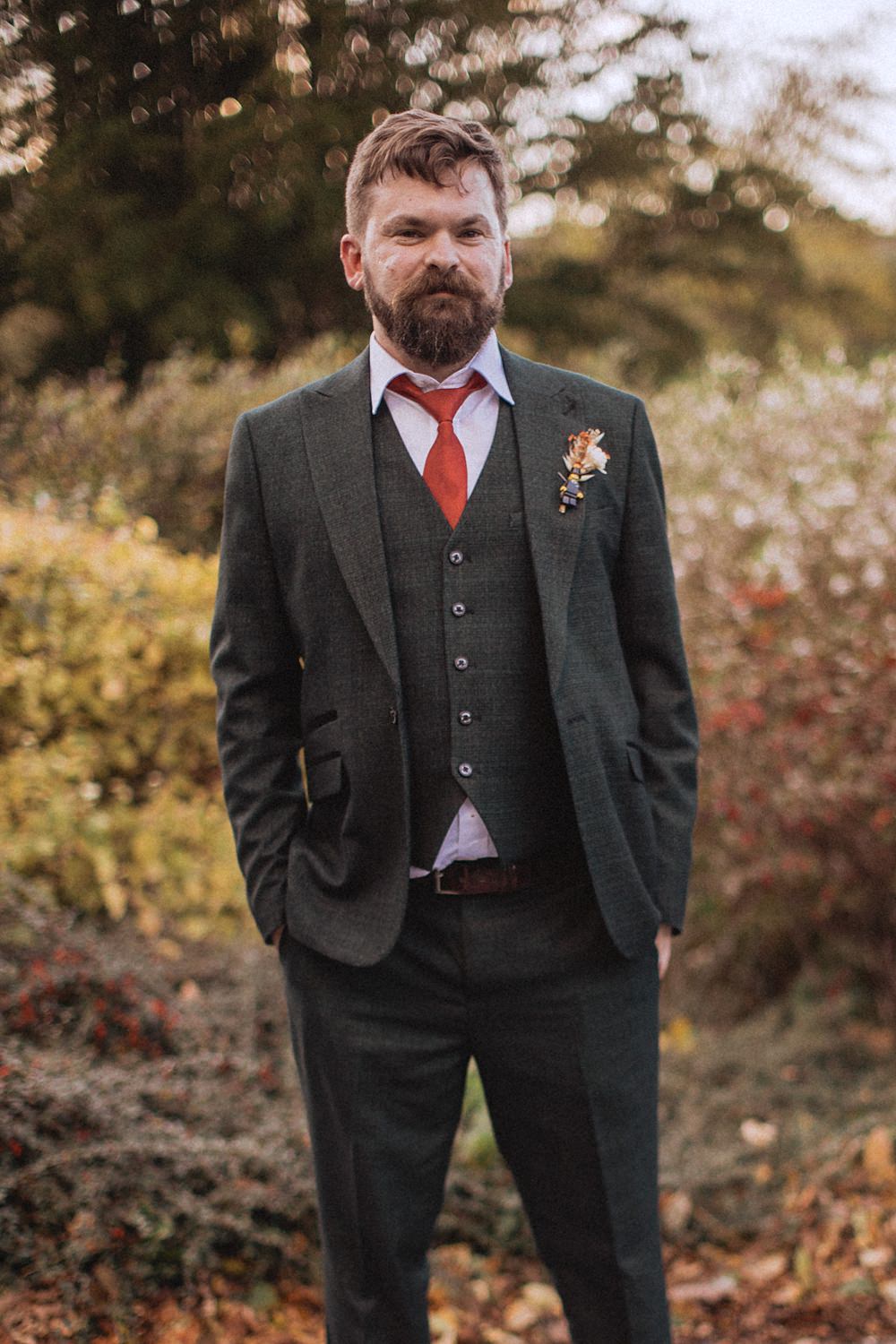 Conwy Barn Wedding Fox and Bear Photography Groom Suit Orange Tie
