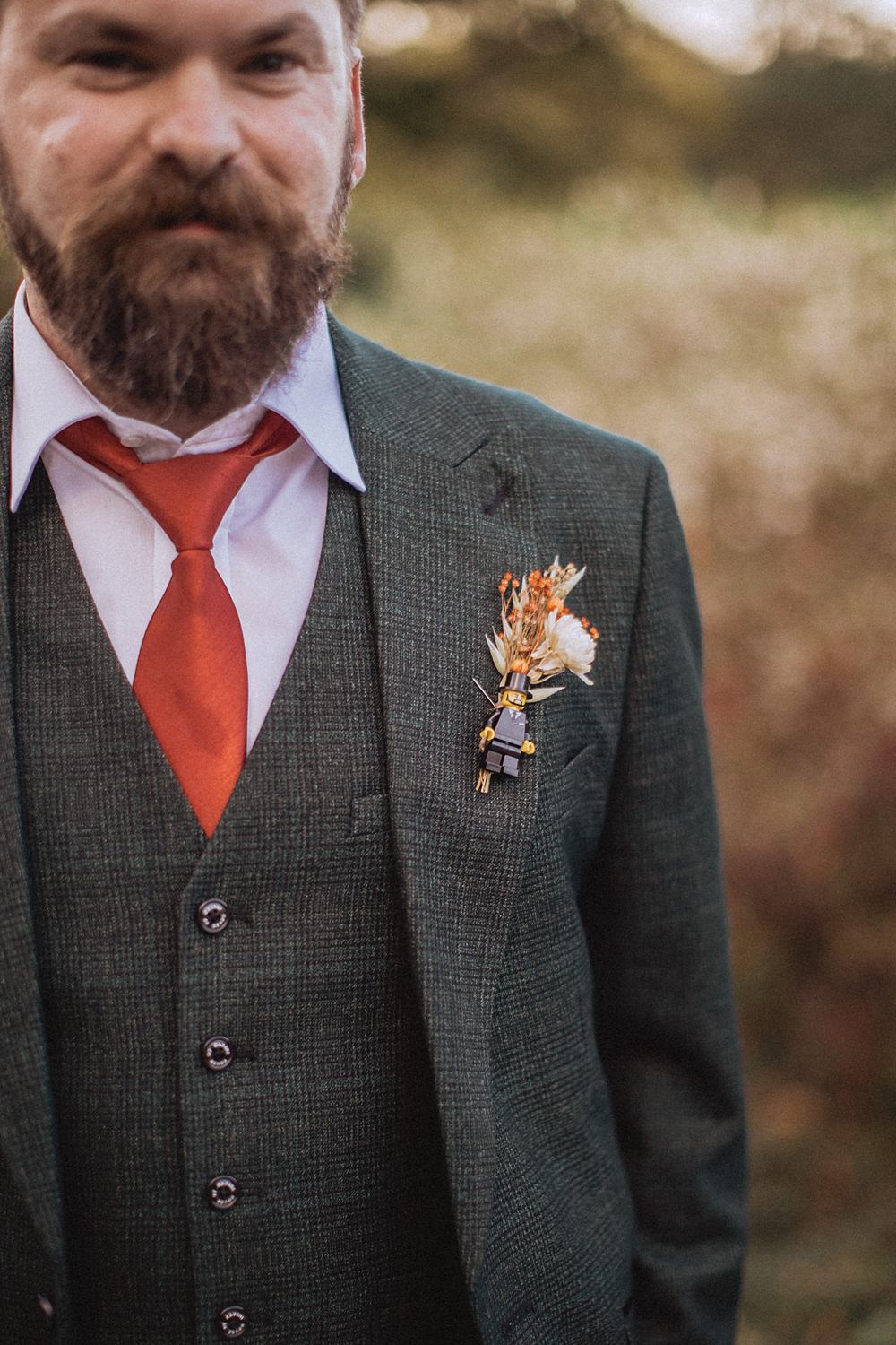 Conwy Barn Wedding Fox and Bear Photography Groom Buttonhole Flowers Dried Lego
