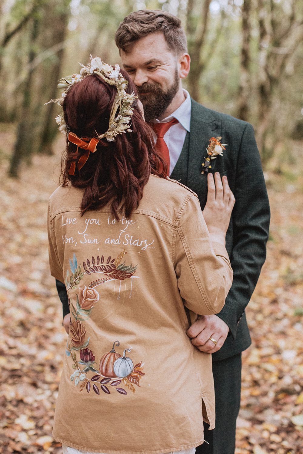 Conwy Barn Wedding Fox and Bear Photography Custom Painted Jacket Bride Yellow