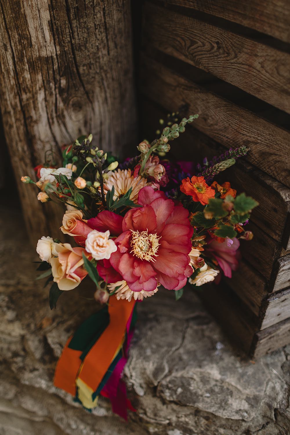 High Paradise Farm Wedding Louise Barry Photographer Bouquet Flowers Bridal Orange Pink Peony Rose