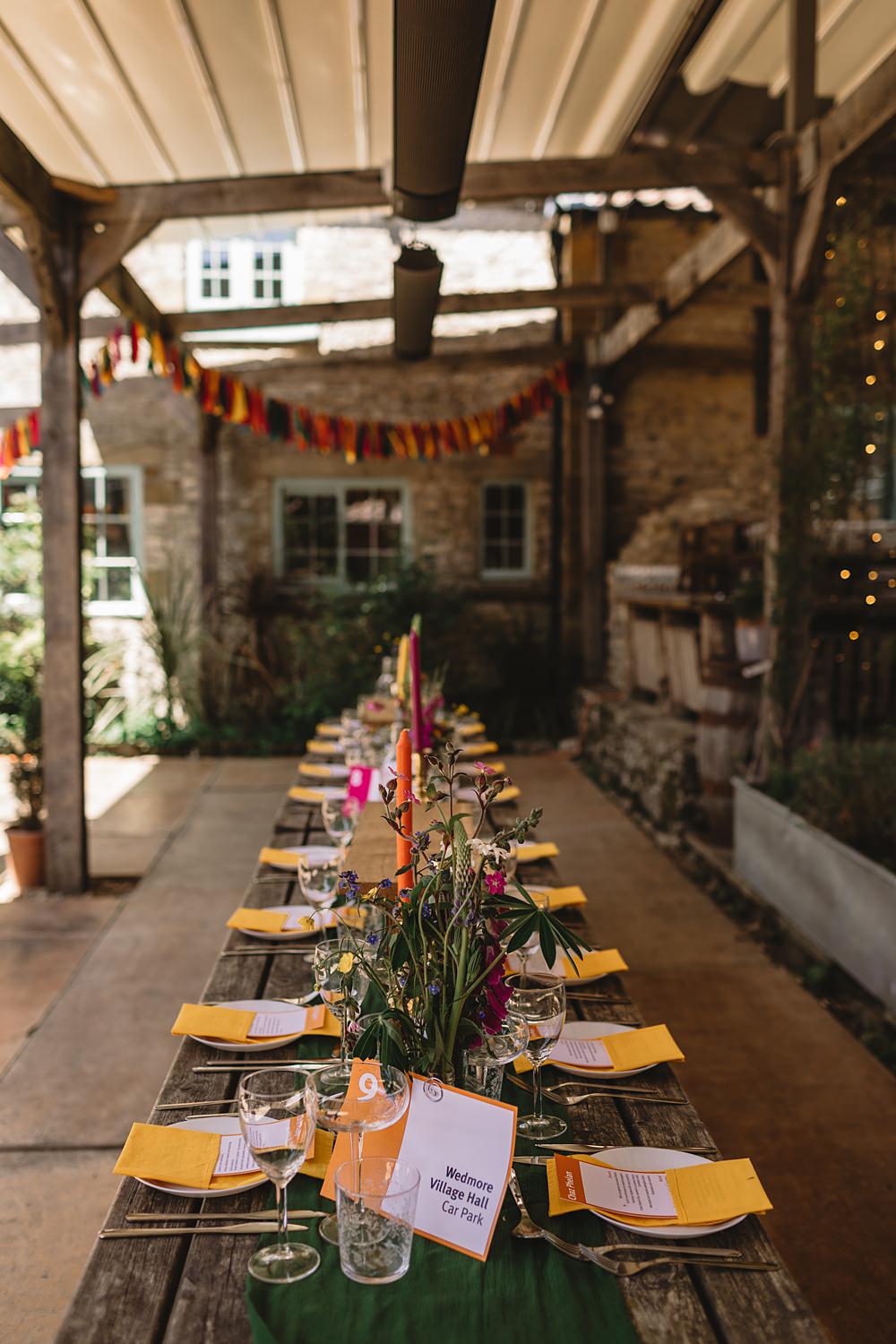 High Paradise Farm Wedding Louise Barry Photographer Yellow Napkins Tall Candles Wildflowers Rustic Wooden Table Decor Rag Bunting