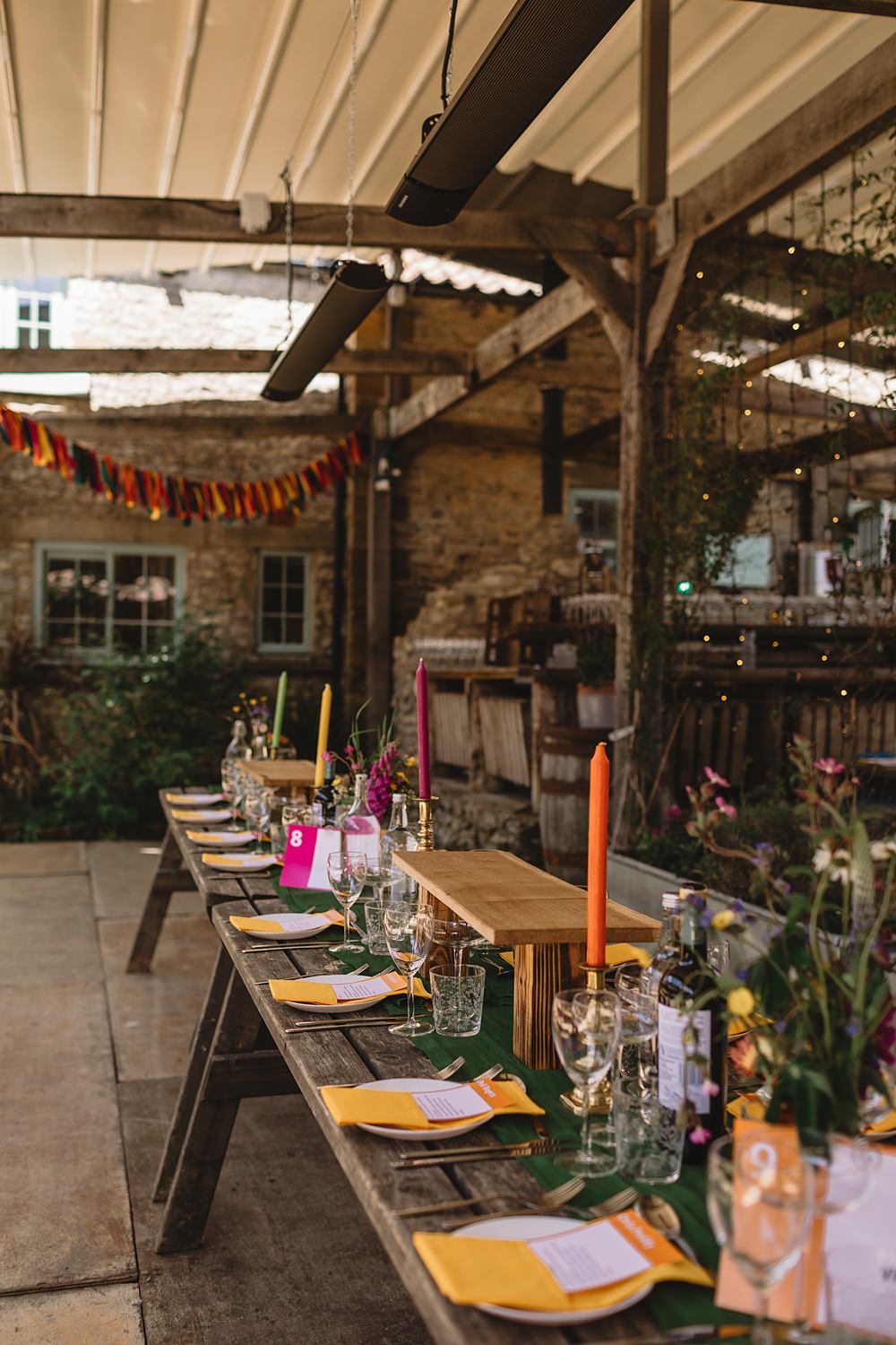 High Paradise Farm Wedding Louise Barry Photographer Yellow Napkins Tall Candles Wildflowers Rustic Wooden Table Decor Rag Bunting