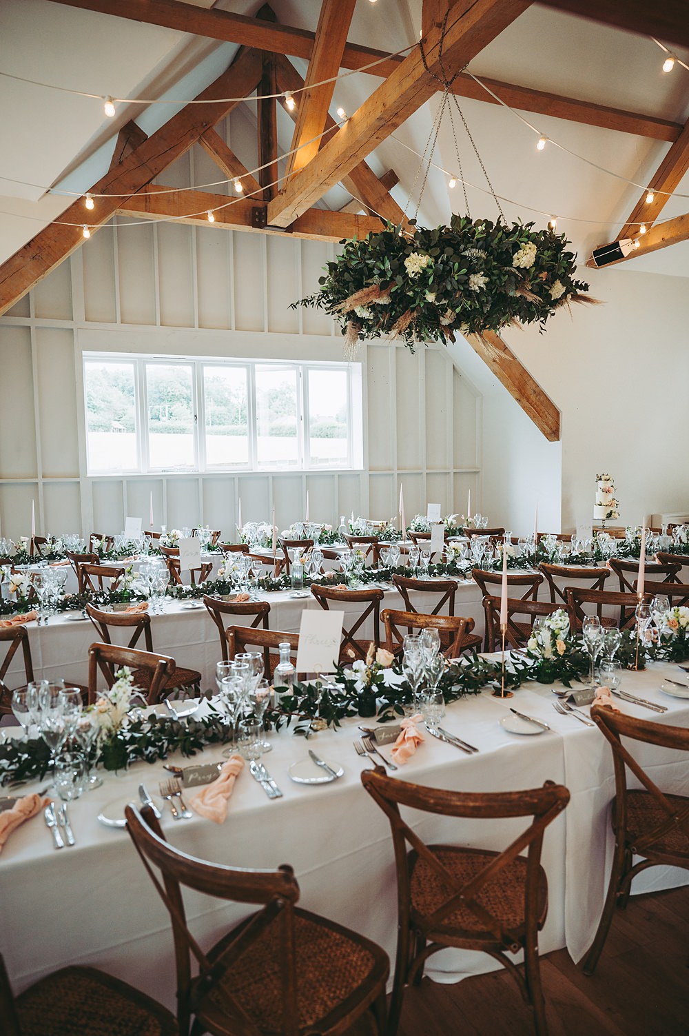 Hyde House Wedding Cotswold Pictures Modern Barn Long Wooden Tables Hanging Greenery Hoop Decor