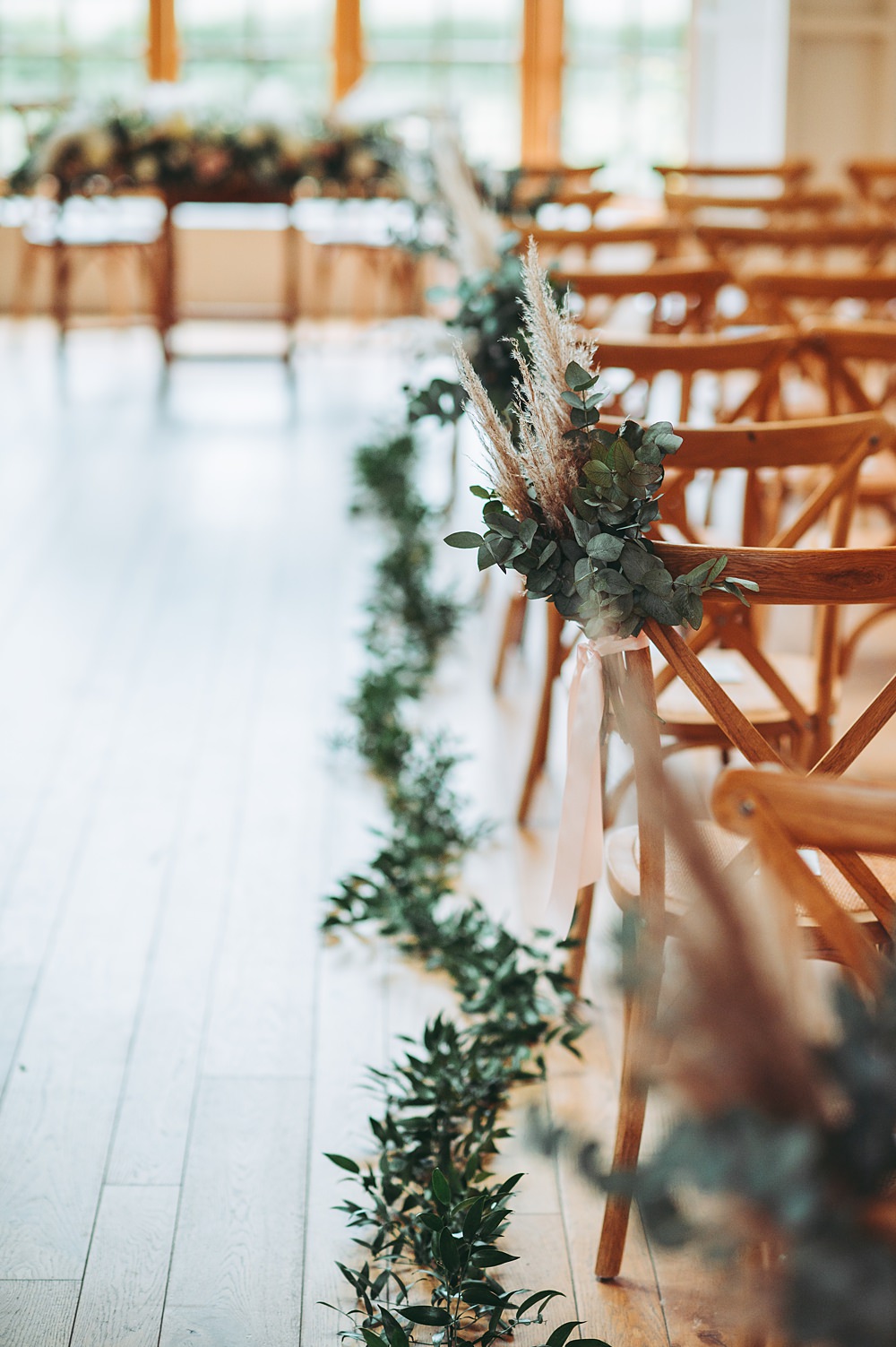 Hyde House Wedding Cotswold Pictures Modern Barn Ceremony Greenery Aisle Flowers Decor Pampas Grass