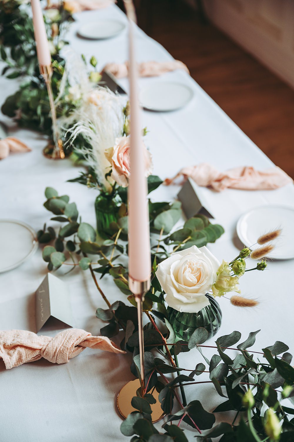 Hyde House Wedding Cotswold Pictures Table Runner Flowers White Rose Greenery Tall Pink Candles Napkins