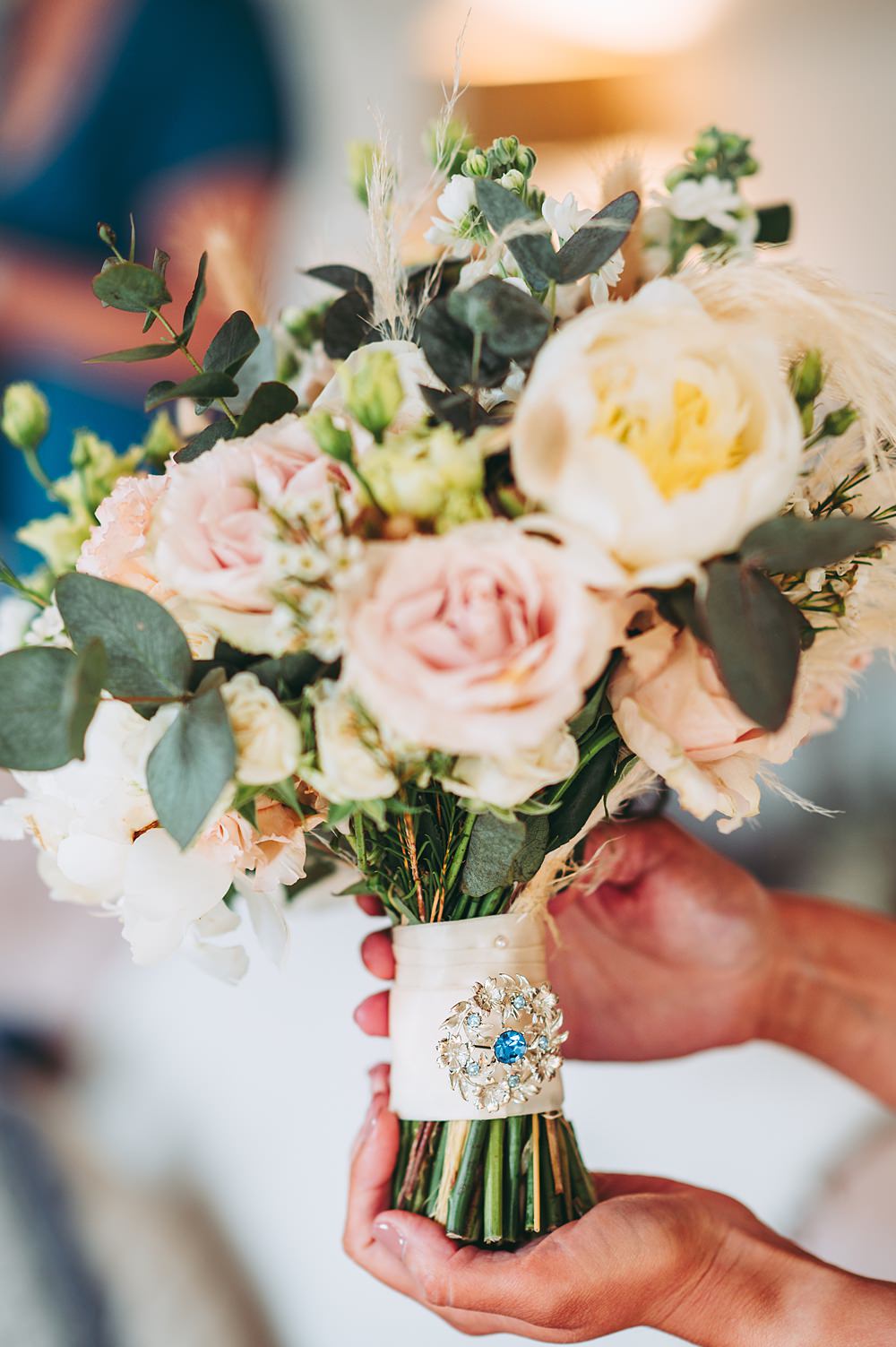 Hyde House Wedding Cotswold Pictures Bouquet Flowers Pale Pink Cream Rose Pampas Grass Eucalyptus Brooch