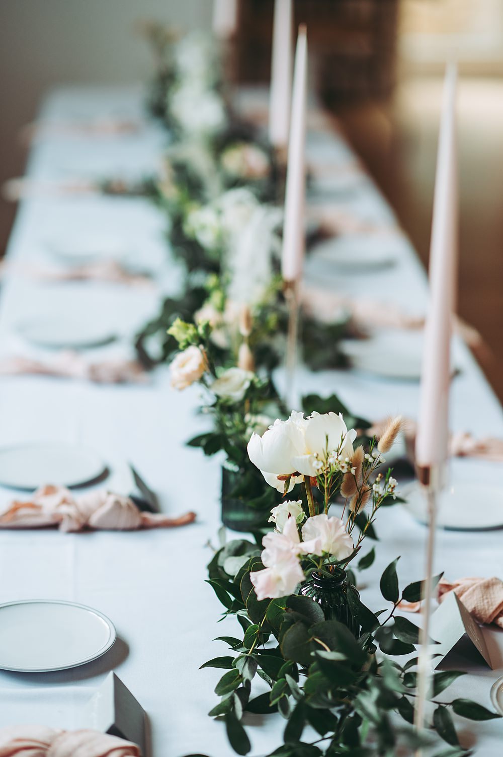 Hyde House Wedding Cotswold Pictures Table Runner Flowers White Rose Greenery Tall Pink Candles Napkins