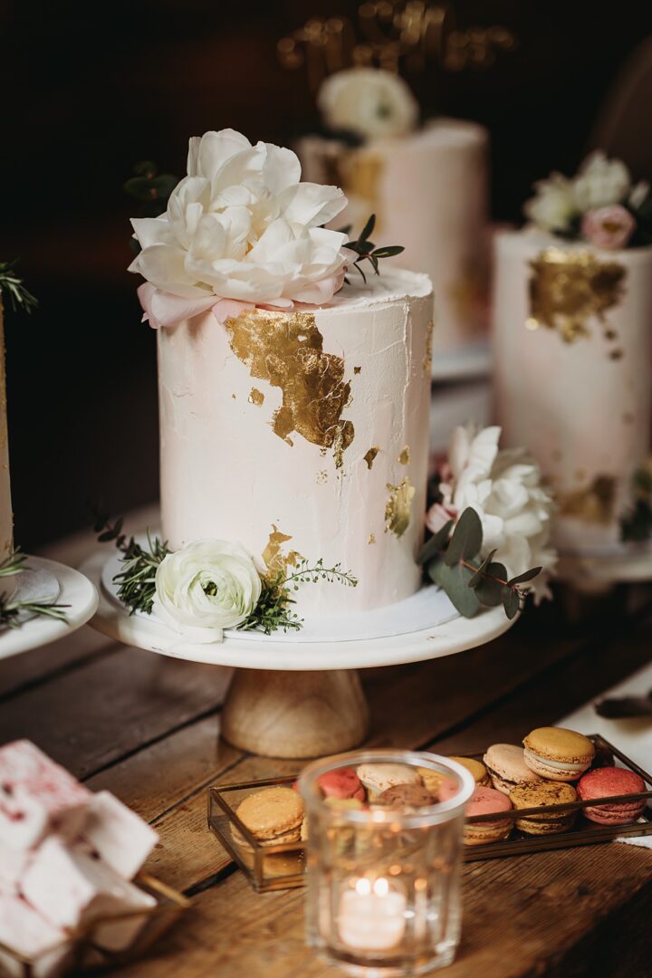 Pale Pink Gold Leaf Single Tier Spring Wedding Cake Thyme Lane Photography