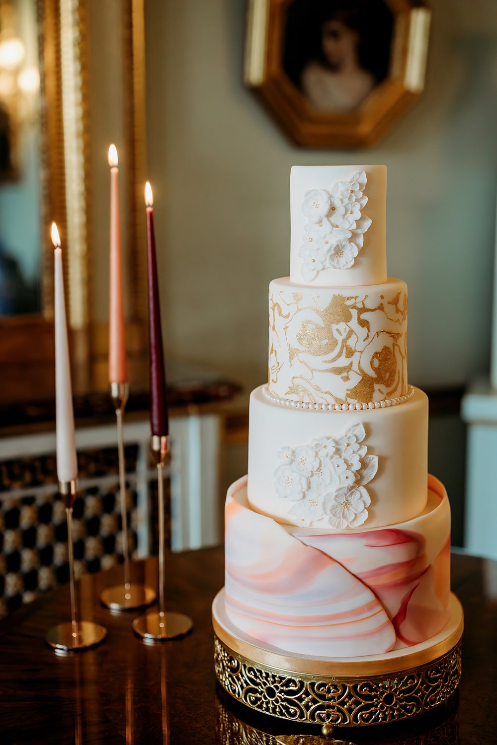 Rust Burnt Orange Autumn Wedding NK Photography 4 Tier Cake Marble Gold Leaf