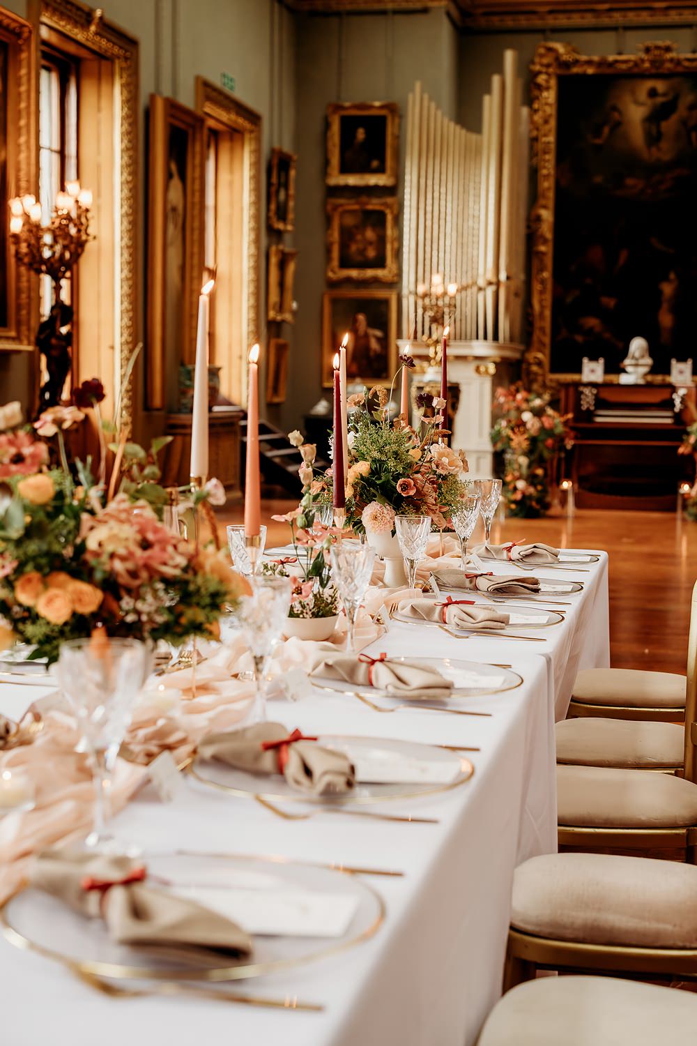 Rust Burnt Orange Autumn Wedding NK Photography Table Decor Tall Candles Flowers Pink Runner
