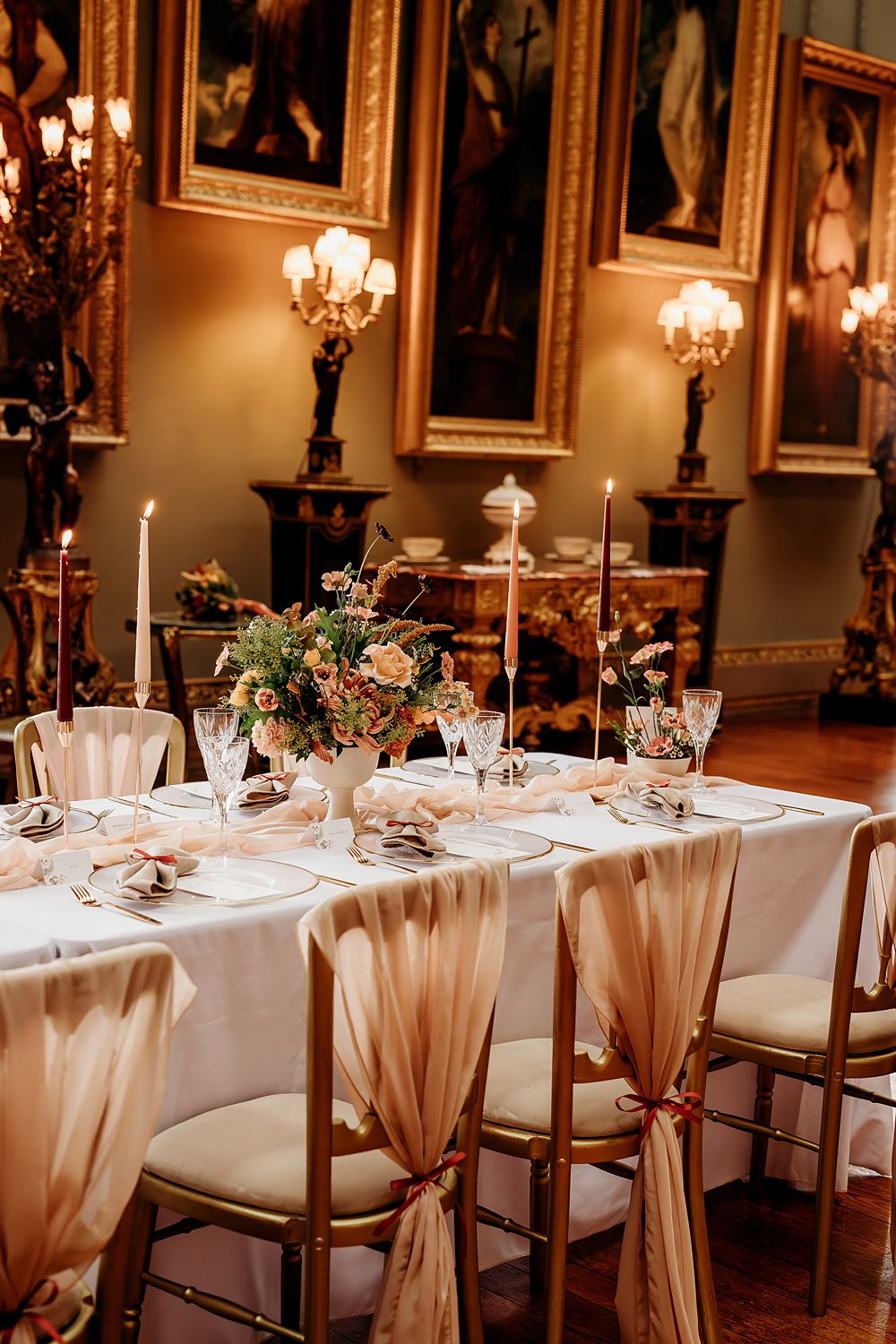 Rust Burnt Orange Autumn Wedding NK Photography Table Decor Tall Candles Flowers Pink Runner
