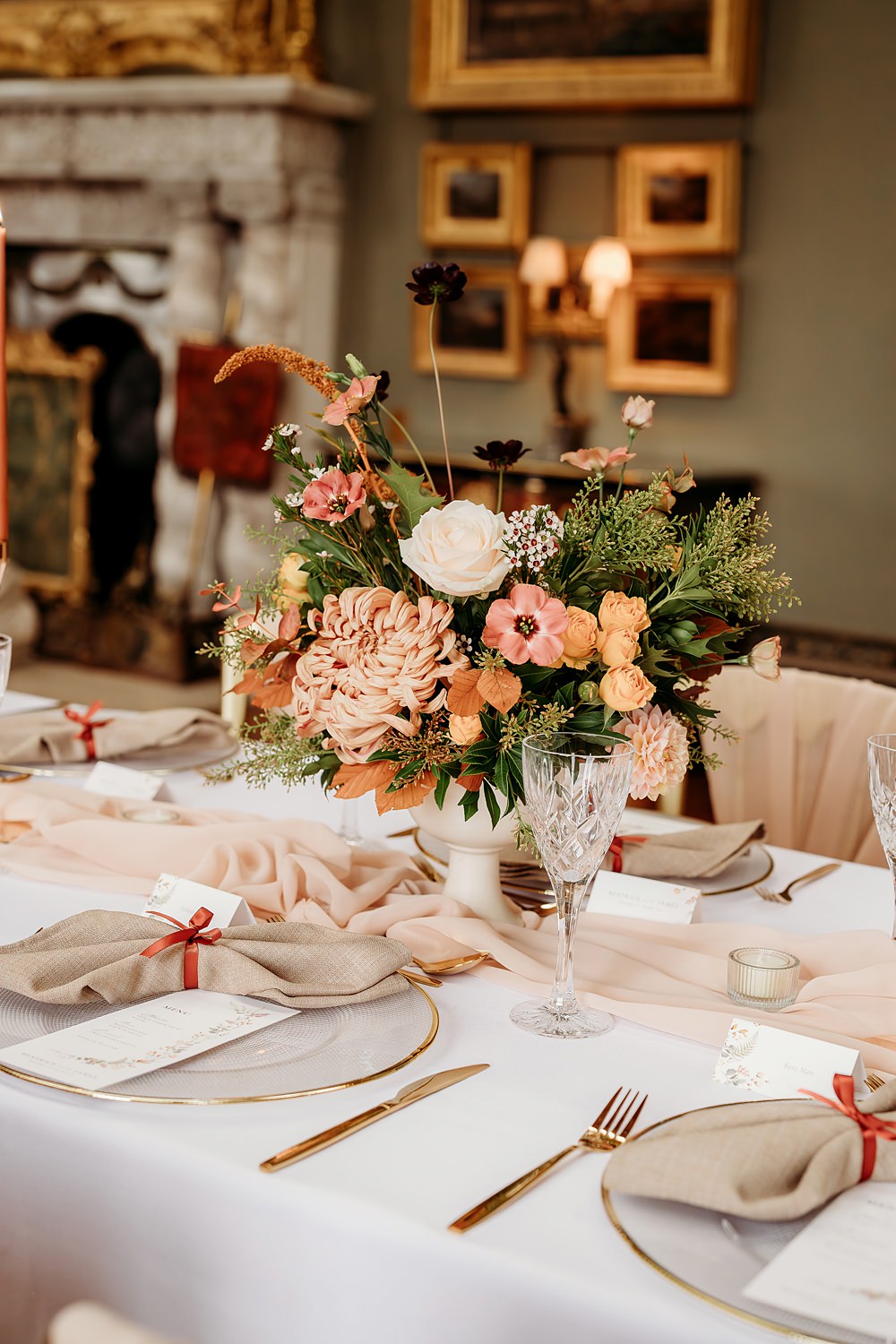 Rust Burnt Orange Autumn Wedding NK Photography Centrepiece Urn Flowers Decor