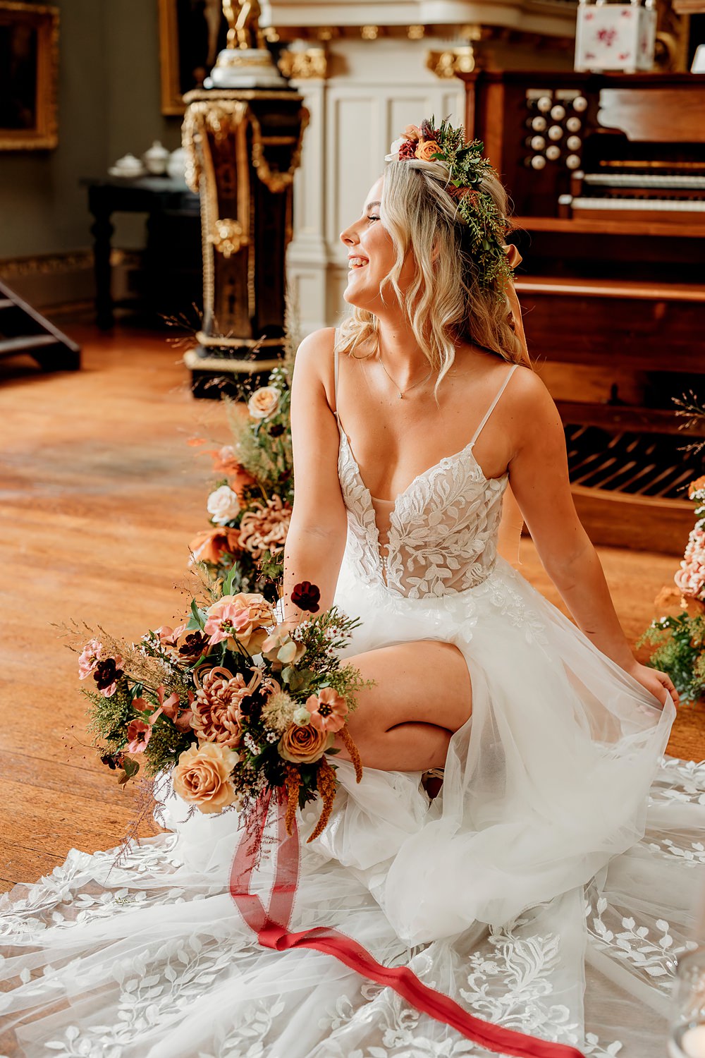 Rust Burnt Orange Autumn Wedding NK Photography Tulle Gown Straps Bride
