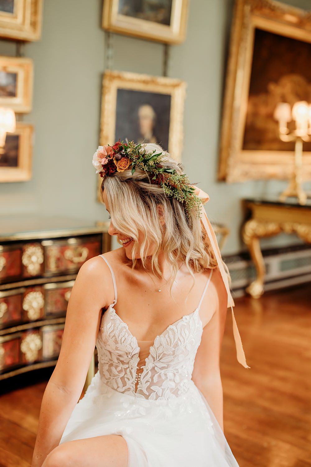 Rust Burnt Orange Autumn Wedding NK Photography Bride Flower Crown Wavy Hair