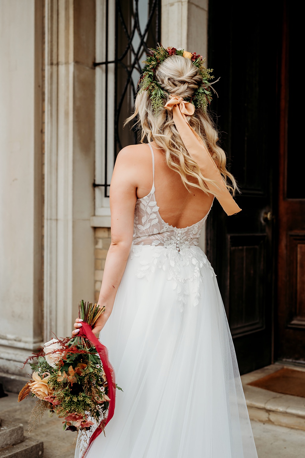 Rust Burnt Orange Autumn Wedding NK Photography Bride Flower Crown Wavy Hair Ribbon Bow