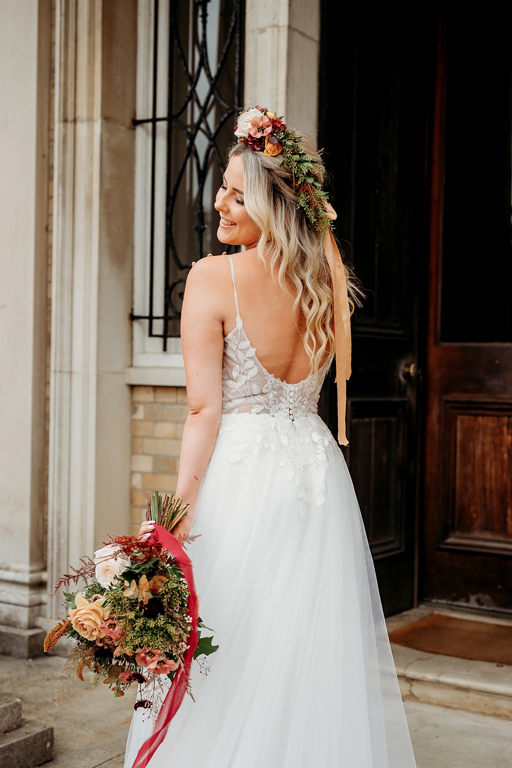Rust Burnt Orange Autumn Wedding NK Photography Tulle Gown Straps Bride